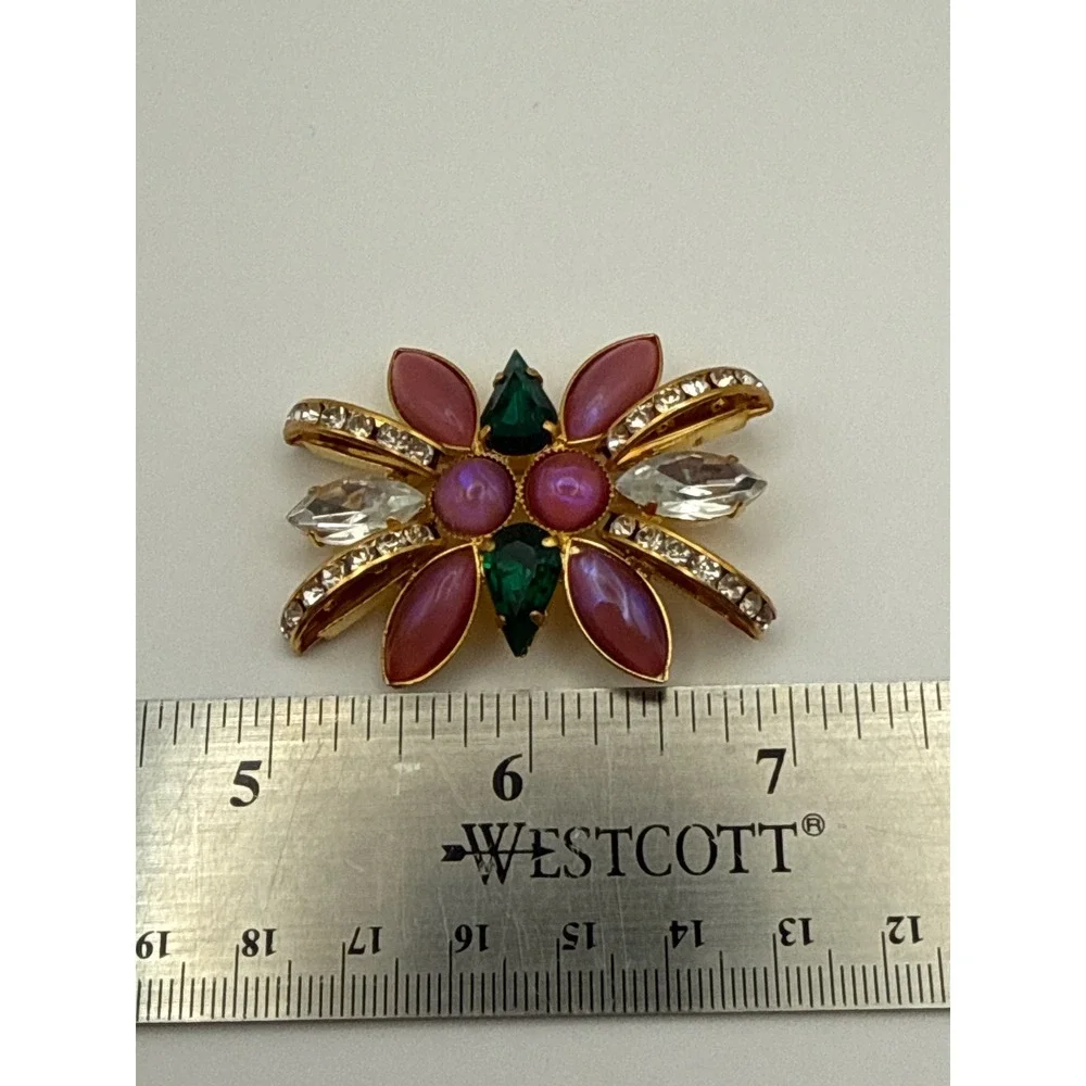 Vintage Brooch Women Pink Green Rhinestone Starburst Style‎ Pin Cabuchon